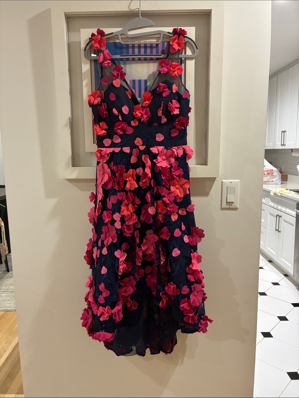 Marchesa Notte Navy Dress with Pink & Fuchsia 3D Floral Appliqués